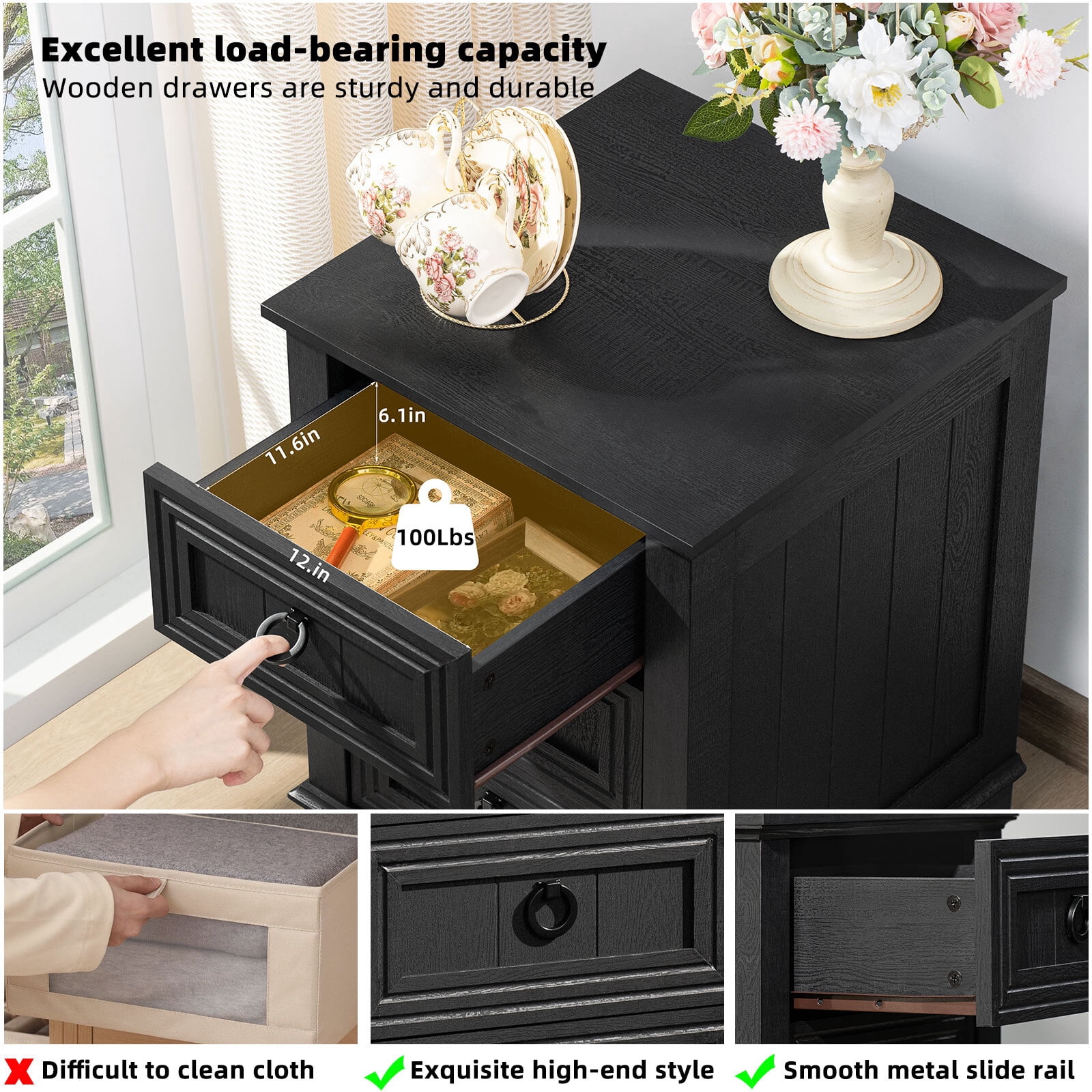 Joaxswe Nightstand, Modern 3 Drawer Nightstand, Black Nightstand with Ring Handle, Wooden Side Table Storage Cabinet Unit for Bedroom/Living Room