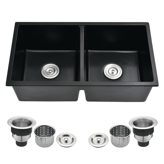 Kitchen Sink 32" L X 18" W Double Bowl Undermount Kitchen Sink With Basket Strainer,Stainless Steel Kitchen Sink