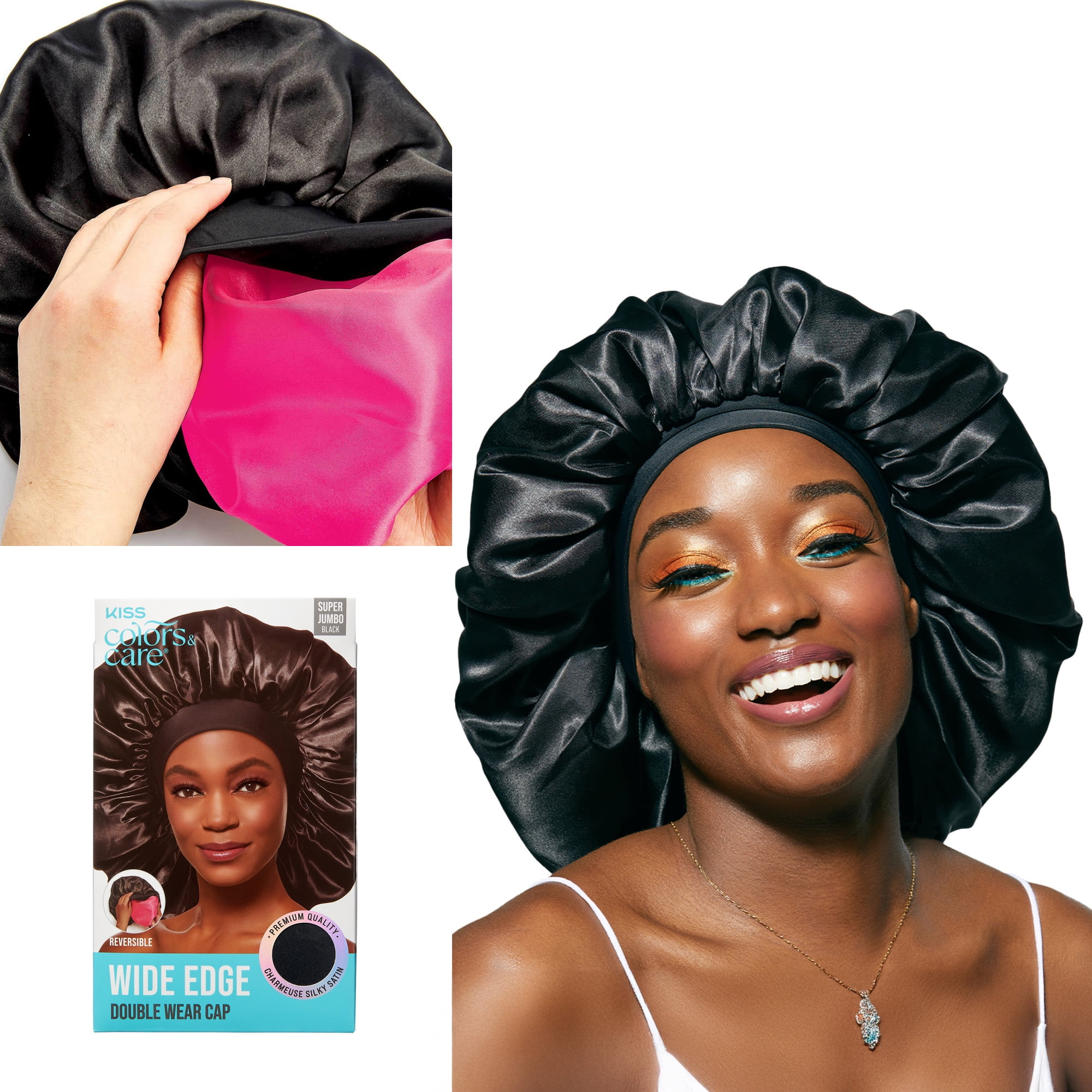 (2 pack) Kiss Colors & Care Silky Satin Reversible Hair Bonnet Cap, Wide Edge, Super Jumbo, Black