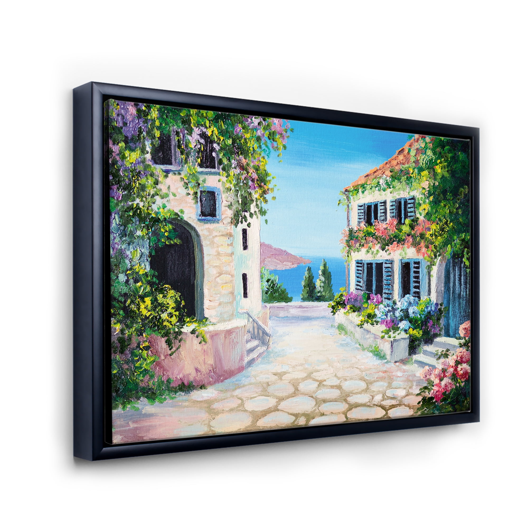 Designart 'Blossoming Flowers With White Houses With Near The Sea' Nautical & Coastal Framed Canvas Wall Art Print