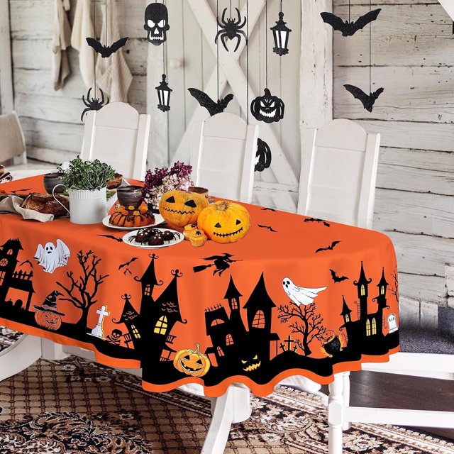 Oval Halloween Tablecloth 60x120 Inch, Scary Pumpkin Spooky Castle Witch Table cloth, Polyester Waterproof Wrinkle Resistant Durable Tablecloth for Halloween, Party, Holiday, Kitchen and Home Decor