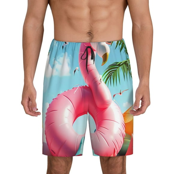 Saiise Tropical Flamingo Pool Float Print Mens Pajama Shorts Drawstring Elastic Waistband Sleep Shorts Soft Comfy Lounge Pants with Pockets-Large