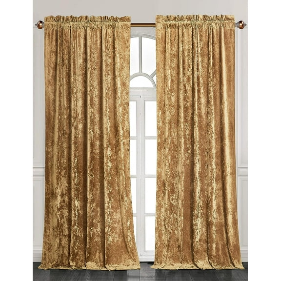 Chezmoi Collection Lux Caramel Gold Crushed Velvet Curtains 2 Panel Set, Room Darkening Luxury Distressed Velvet Rod Pocket Window Drapes for Living Room Bedroom 50" W x 84" L