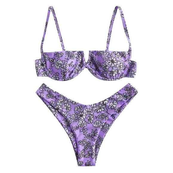 Babysbule Womens Swimsuits Clearance Women Flower Printed High Cut V Wired Bikini Swimwear Swimsuit Beachwear