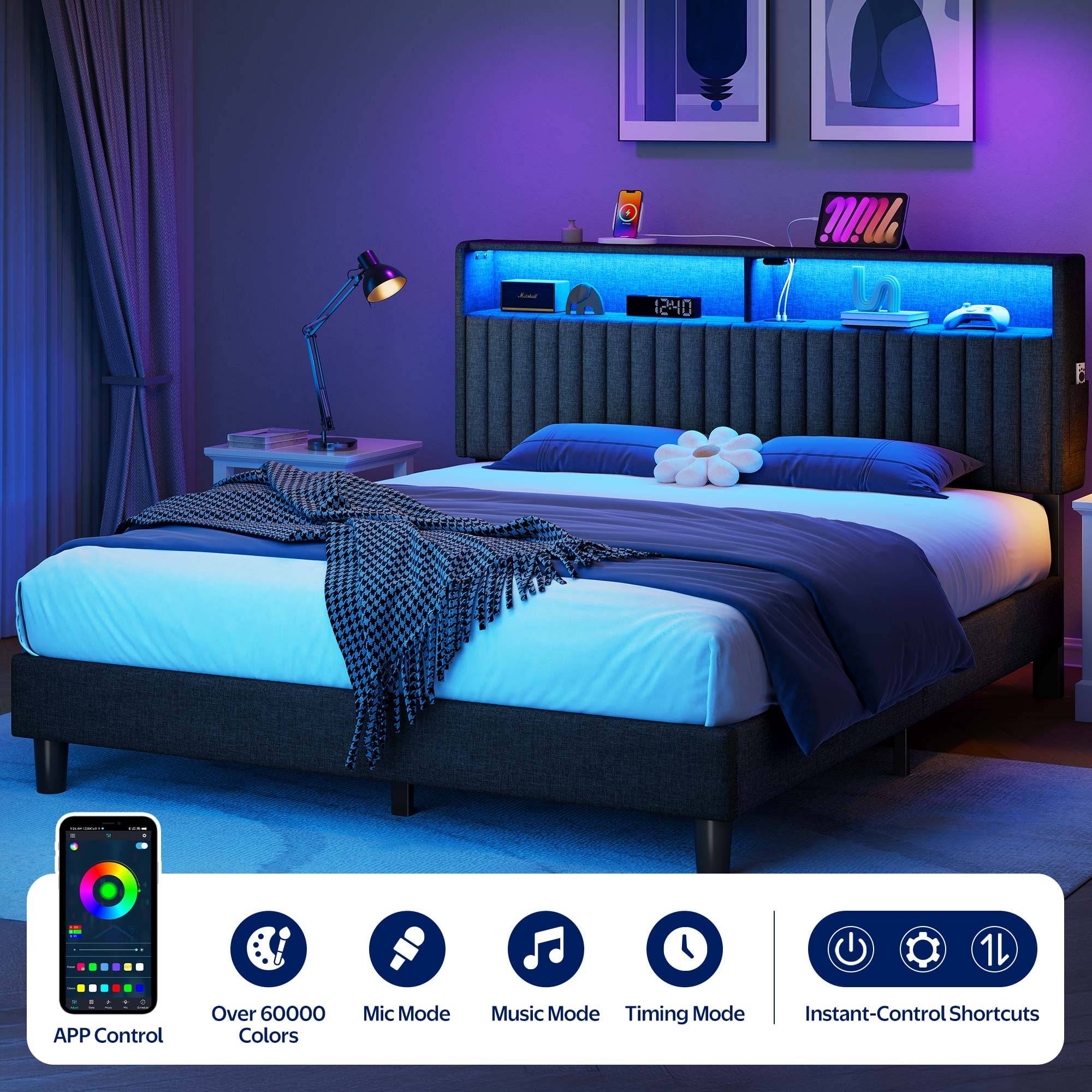 Greenstell Queen Bed Frame with LED Light & Platform Bed with Upholstered Storage Headboard USB Ports & Charging Station, Dark Gray