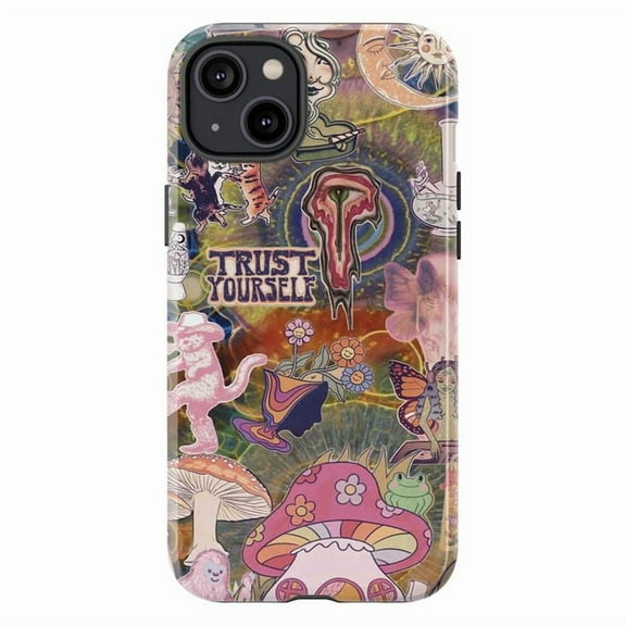 Psychedelic Mushroom & Frog Phone Case, 70s Groovy Hippie Collage Cover for iPhone 17 16 15 14 13 12 11 Pro Plus Mini