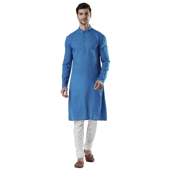 Ethnix Men's Indian Mandarin Collar Pure Cotton Textured Kurta Tunic Pajama Set; Blue; SM