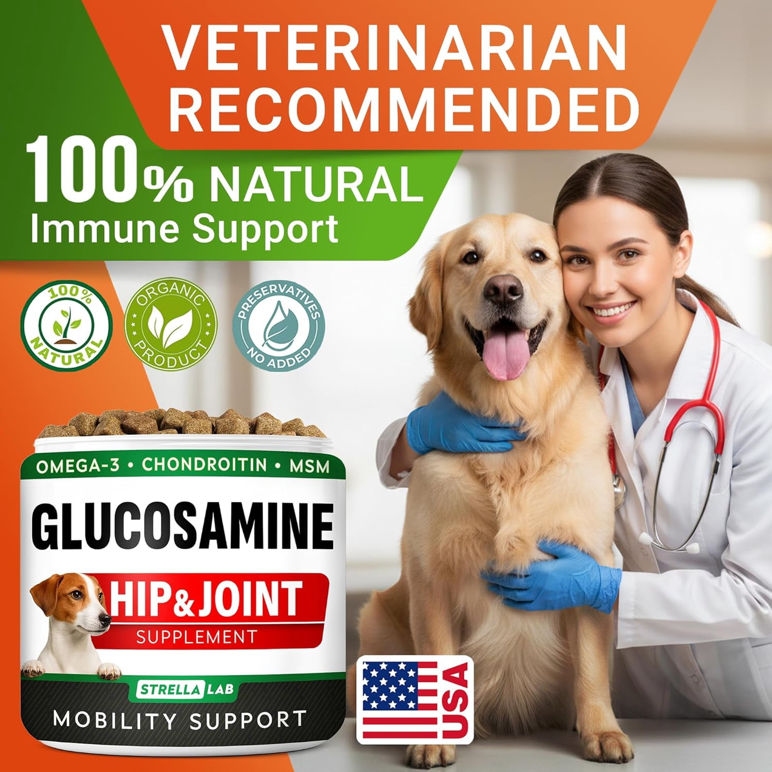 STRELLALAB Glucosamine Chews for Dogs - Hip and Joint Chews for Dogs with Chondroitin, MSM & Omega-3 Fish Oil - Dog Supplement for Joint Pain Relief - Advanced Mobility Chews - 240Ct - made in USA