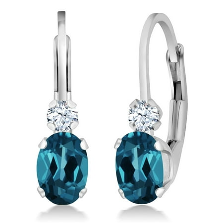 - 1.18 Ct Oval London Blue Topaz White Sapphire 925 Silver Leverback Earrings
