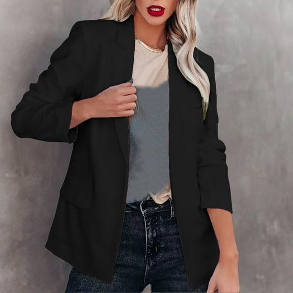 Axiiglly Blazers for Women Open Front Blazer Jackets Loose Fit Work Office Suit Jacket Long Sleeve Business Casual Outfits Solid Color Plus Size Long Suit Jackets