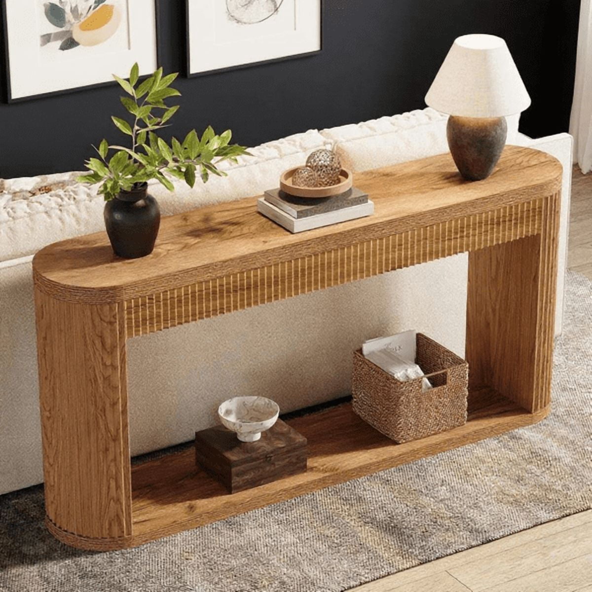 63" Industrial Console Table - Fluted Design with Semi-Cylinder Support, Narrow Entryway Table, MDF with Adjustable Pads for Hallway Sofa, Brown