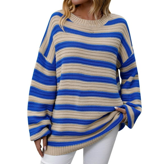 VISALY Pullover Crewneck Sweatshirt Striped Sweater Women's Casual Long Sleeve Pullover Sweaters O Neck 2023 Fall Winter Sweater Jumper Tops Crochet Sweaters Baggy Sweaters Office Sweater Blue L
