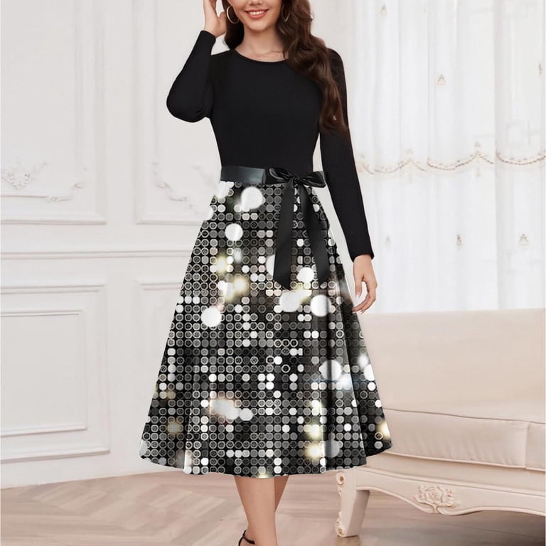 MaFYtyTPR Christmas Women's Long Dress Ladies Christmas Printed Round Neck  Long Sleeve Swing Evening Gown Dresses Silver S - Walmart.com