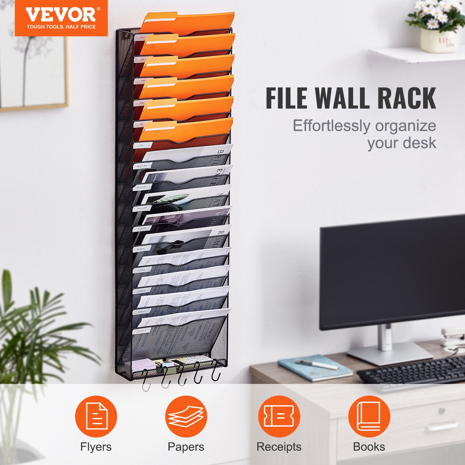 KFFKFFWall File Rack, 16-Slot Single Piece Mesh Organizer, Wall-Hanging Magazine, Mail, Paper & Document Holder, Metal Storage with Label Tags, Ideal for Office, Home & School Use