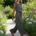 thumbnail image 6 of QATAINLAV Women Summer Dressy Sleeveless Ruffle Jumpsuits Solid Drawstring Waist Wide Leg Overalls with Pockets Beach Vacation Travel Outfits Gray XXL, 6 of 7