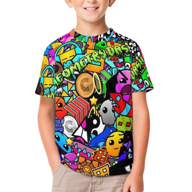 T-Shirt pour Enfants Geometry Dash Imprimé Confortable T-Shirt Graphique Décontracté pour Usage Quotidien 130 cm