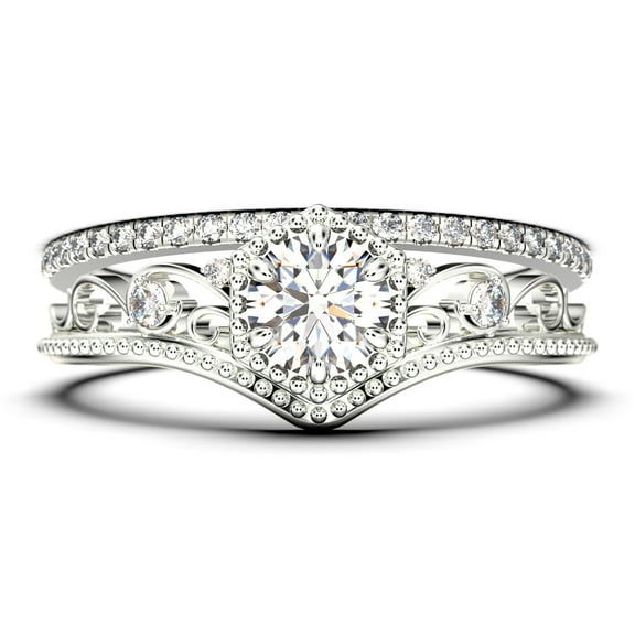 Antique Milgrain Art Deco 2.00 Carat Round Cut Crown Diamond Moissanite Engagement Ring, Engraved Wedding Ring, One Matching Band in 10k Solid White Gold, Gift, Promise Ring