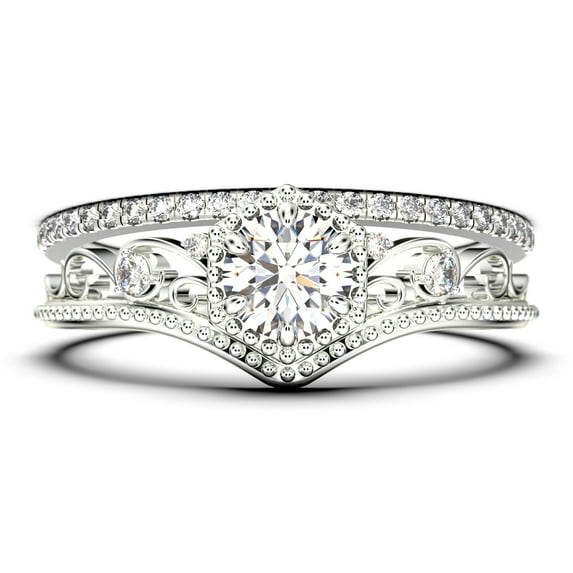 Antique Milgrain Art Deco 2.00 Carat Round Cut Crown Diamond Moissanite Engagement Ring, Engraved Wedding Ring, One Matching Band in 10k Solid White Gold, Gift, Promise Ring