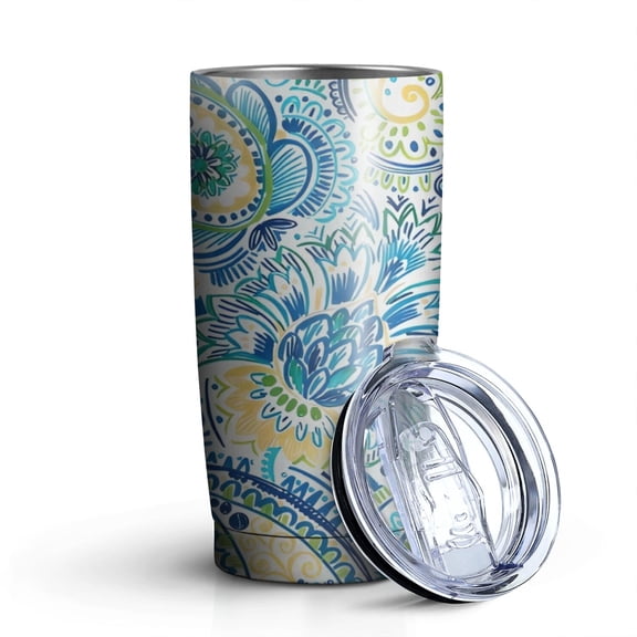 20oz Tumblers Blue Paisley and Floral Pattern Stainless Steel Vacuum Insulated Double Wall Travel Tumbler Cups Mug with Lid and Straw,Cleaning Brush for Cold & Hot Drinks
