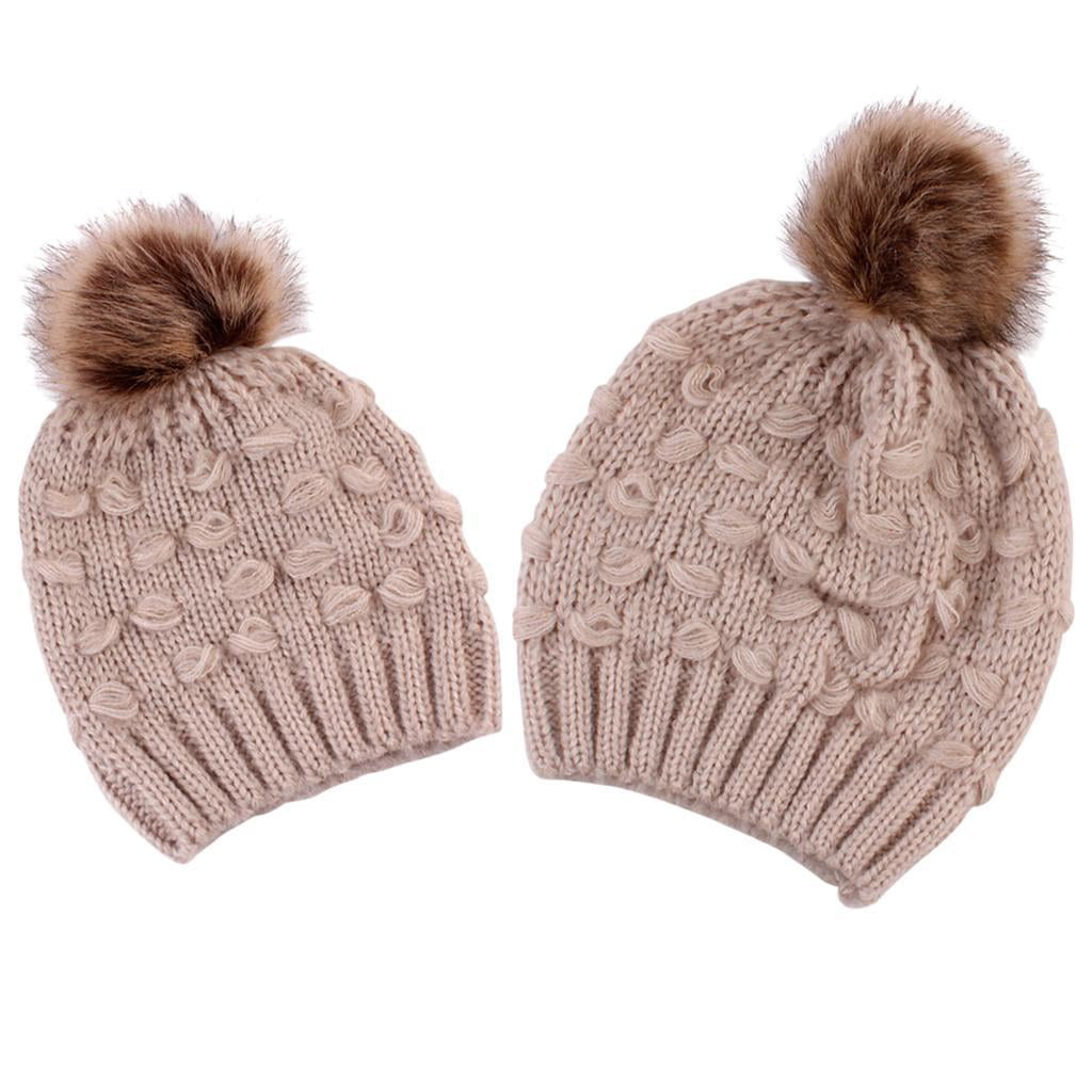 2PSC Mom&Newborn Baby Hats Winter Warm Women Boy Girl Hairball Knit Beanie Caps 