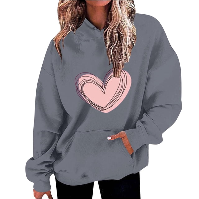 Plebaso Women's Heart Printed Hoodies Drawstring Long Sleeve Sweatshirts Loose Pullover Tops with Pockets