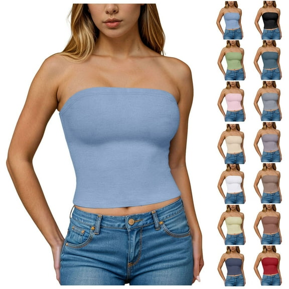 yueewhu Womens Strapless Tube Tops Basic Backless Sleeveless Bandeau Going Out Crop Tops Cute 2025 Summer Clothes (White, XL)