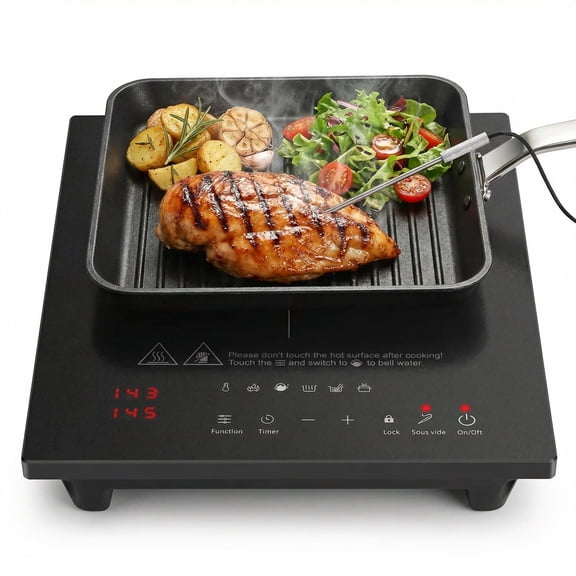 Sunamki Portable Induction Cooktop 1 Burner 1800W Countertop Stove Burner with 20 Power Levels, 74 Temperature Levels Induction Burner with Digital Probe, 6.5" Heating Coil