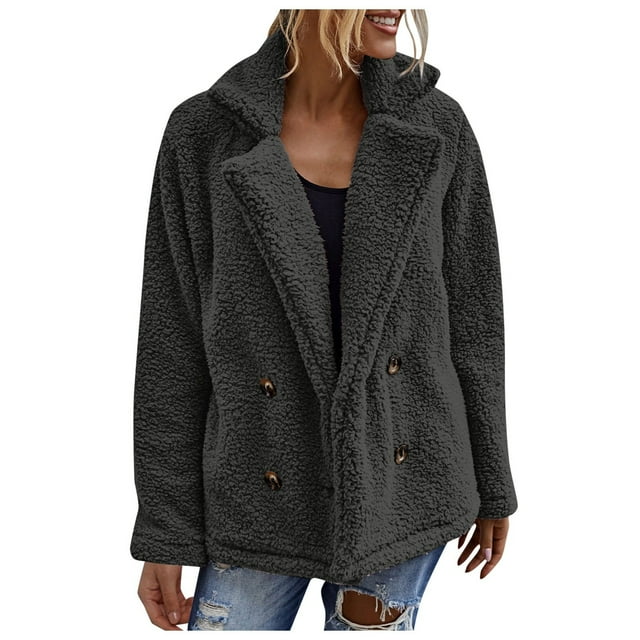 WEIYLL Womens Fleece Jacket Solid Color Buttoned Pockets V-Neck Warm Black Ladies Fall Tops And Blouses Size 2XL
