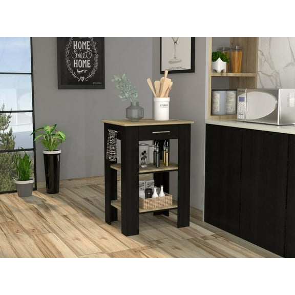 Kitchen Island 23 Inches MMTX with Single Drawer and Two-Tier Shelves, Black MMTX / Light Oak Finish