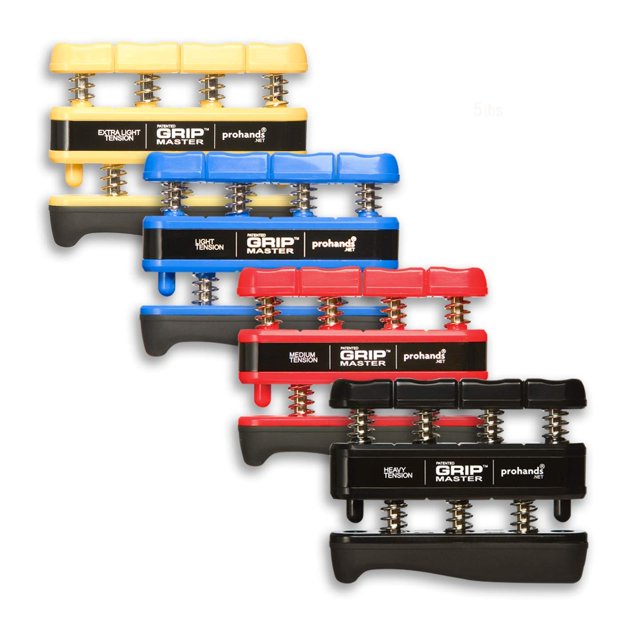 PROHANDS gripmaster Hand Exerciseer, Finger Exerciser (Hand grip Fortifier), à Ressort, Système Doigt-Piston, Isoler et Exercer Chaque Doigt, (Ensemble de 4) (Jaune, Bleu, Rouge, Noir)