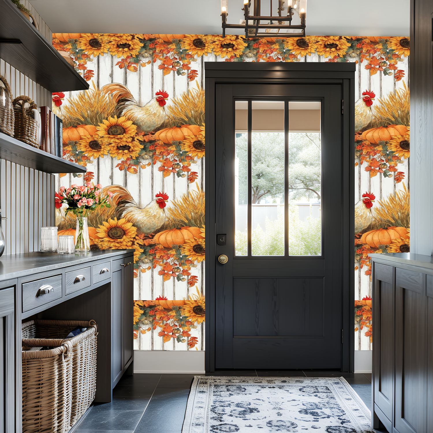 Farmhouse Peel and Stick Wallpaper 17.7in x 9.8ft Autumn Harvest Scene Sunflowers Pumpkins Roosters Fall Contact Paper Vinyl Waterproof Self Adhesive Wall Paper for Bedroom Cabinet Renter Friendly