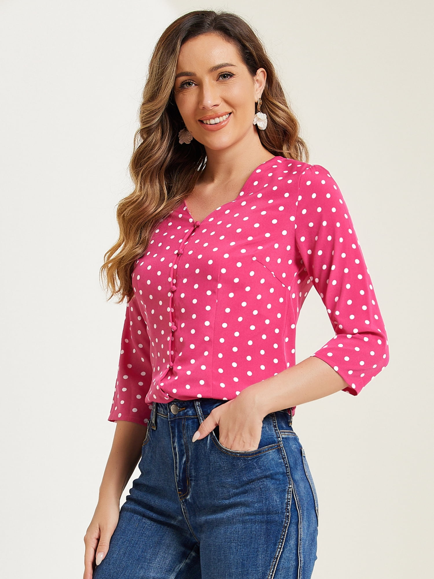 DARING DIVA Women's Polka Dots 3/4 Sleeve Button Blouse Top Medium Hot Pink