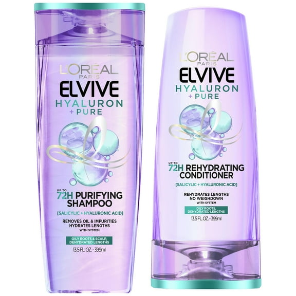 L'Oreal Paris Elvive Hyaluron Pure Shampoo and Conditioner Set for Oily Hair, 13.5 fl. oz.