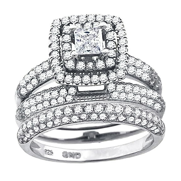925 Sterling Silver His and Hers Cubic Zirconia Trio Ring Set Size 7 Ring for Women - 6.6 Grams