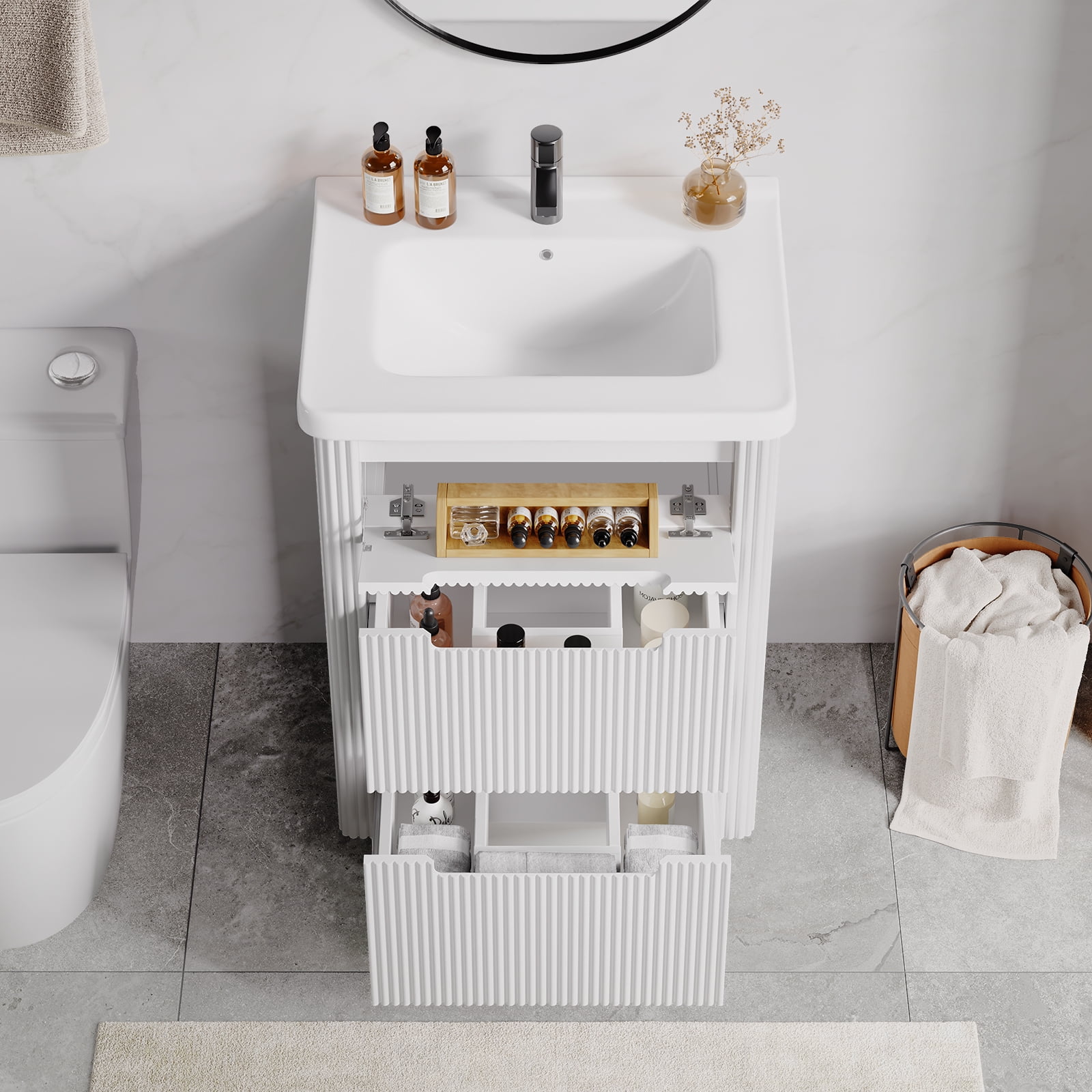 24 inch Bathroom Vanity with Ceramic Sink, Modern Floor Vanity Sink Cabinet with 3 Drawers, Fluted Free Standing Bathroom Storage Cabinet with Sink Combo Set, White