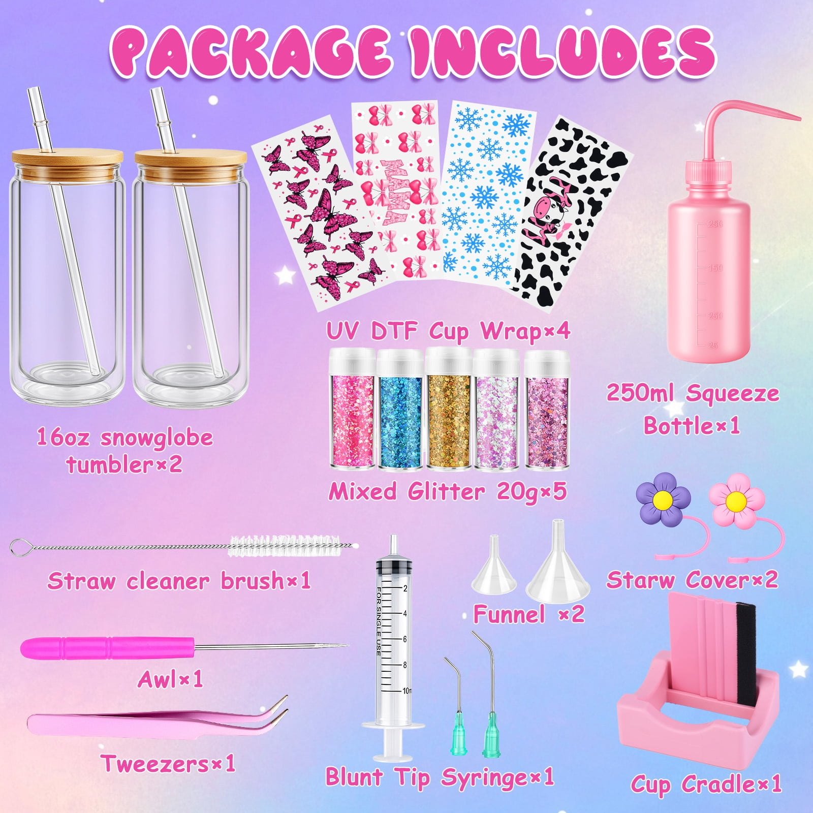 2-Pack Snow Globe Tumbler Supplies ，25 Pcs DIY  Snowglobe Cup Set– Includes 16oz Double-Wall Acrylic Tumbler, Cup Cradle, UV DTF Wraps, Holographic Glitter and More,Ideal Gifts for Girls