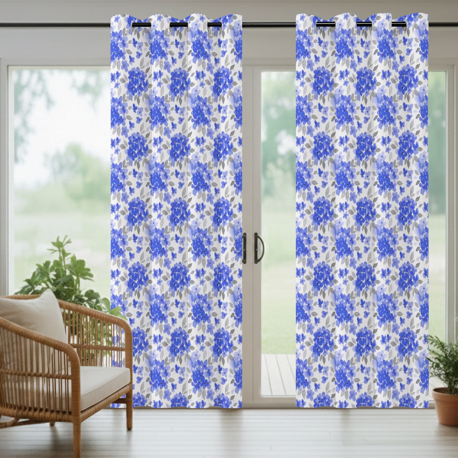 Blue Floral Outdoor Curtains for Patio, Farmhouse Watercolor Flower Leaf Sunshade Privacy Drapes Grommet Waterproof Outside Curtains for Porch/Cabana/Balcony 54"x 108", 1 Panel