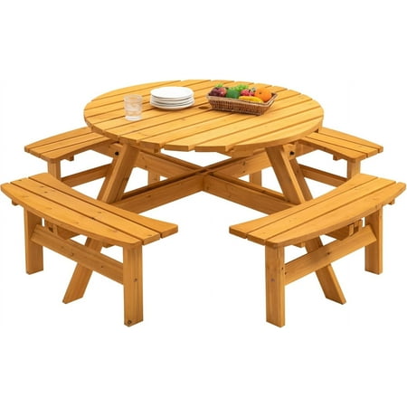 8 Person Wooden Picnic Table, Outdoor Round Picnic Table with Umbrella Hole and 4 Built-In Benches, Outside Picnic Table And Bench Set for Garden, Backyard, Patio, 500lbs Capacity Per Bench (Natural)