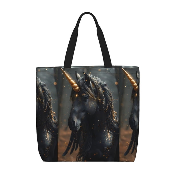 Fotbe Black And Gold White Horse Bolsa Tote con Estampado para Mujer, Bolsos con Cremallera, Bolsa de Hombro Casual de Gran Capacidad con Bolsillos Internos