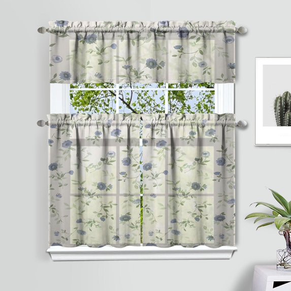 Rustic Wildflower Curtains 36 Inch - 3 Panel Farmhouse Bohemian Set with Vintage Floral Design, Rod Pocket Kitchen Window Drapes for Cottage Decor
