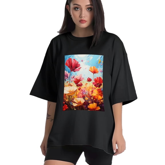 Plus Size Shirt for Women Black Tops for Women Short Sleeves Shirt for Women Oil Painting Of Flowers 3 T Shirt Crewneck Shirt for Women XS