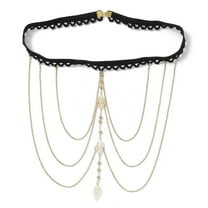 Brass Layered Leaf Tassel Thigh Leg Chains Black Elastic Stretch Body Jewelry for Women Golden 360mm