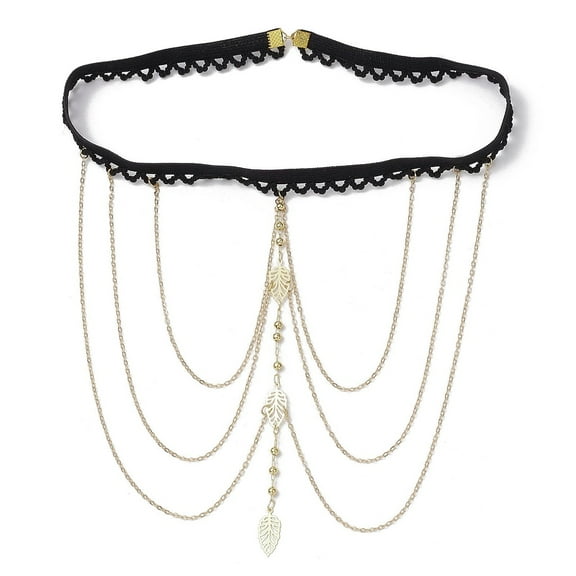 Brass Layered Leaf Tassel Thigh Leg Chains Black Elastic Stretch Body Jewelry for Women Golden 360mm