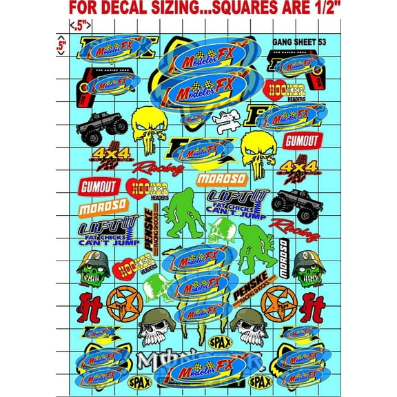 Clear Vinyl R/C Racing Sponsor Sticker Gang Sheet 53-1/8th � 1/10th Scale Model Decal Sticker Sheet R/C Lexan Body - Decorate Your R/c Cars, Boats, Truck Model � Die-Cut to Shape - Peel & Stick