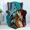 thumbnail image 4 of Love Soft Flannel Fleece Throw Blanket, Astronaut Kisses His Wife Illustration Vintage Pop Art Retro Style Print, Cozy Plush for Indoor and Outdoor Use, 50" x 60", Petrol Blue and Brown, by Ambesonne, 4 of 5