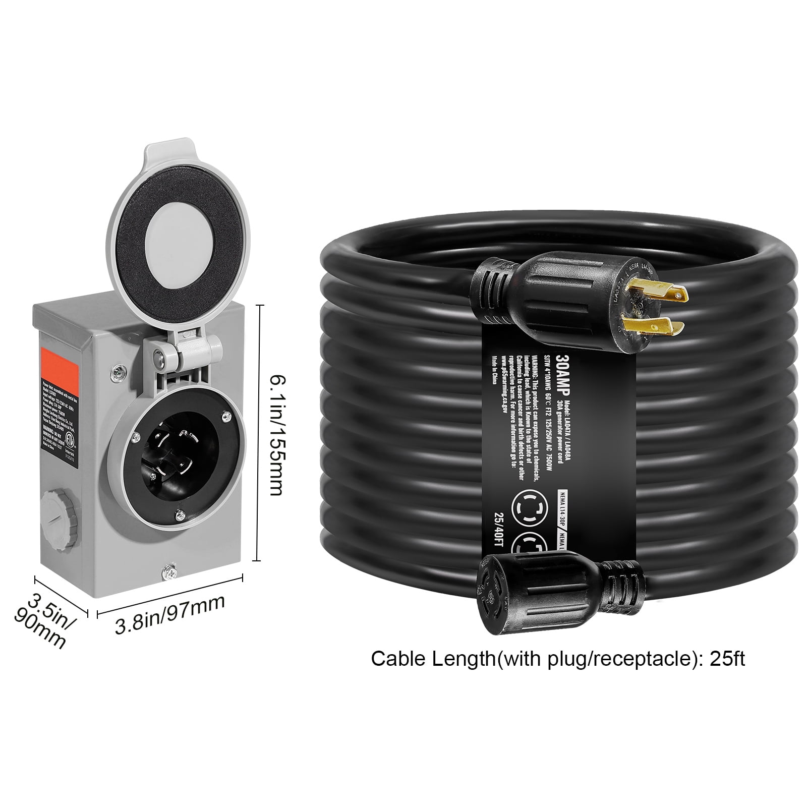 SKYSHALO Generator Cord with Inlet Box, 30 Amp 25 FT, RV Extension Cord NEMA L14-30P/L14-30R STW 10 AWG, Twist Lock Connector, Pre-Drilled Box for RV Use, ETL Certified