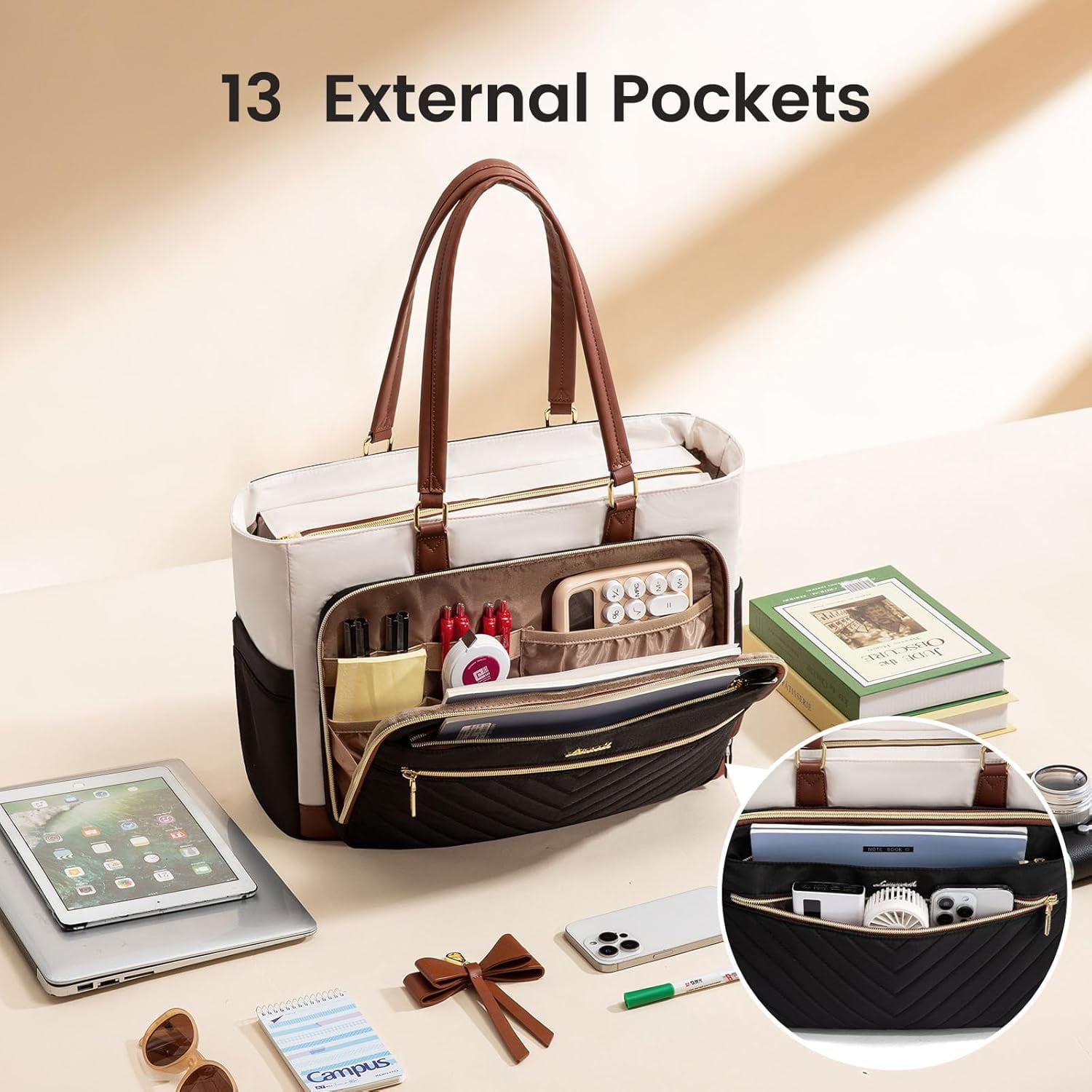 LOVEVOOK Quilted Teacher Tote Bag for Women, Large Laptop Tote with Cup Holder & Multi-Pockets, Work Bag for Nurse, Office, College, Business Travel, Diaper Bag, Computer Handbag Purse