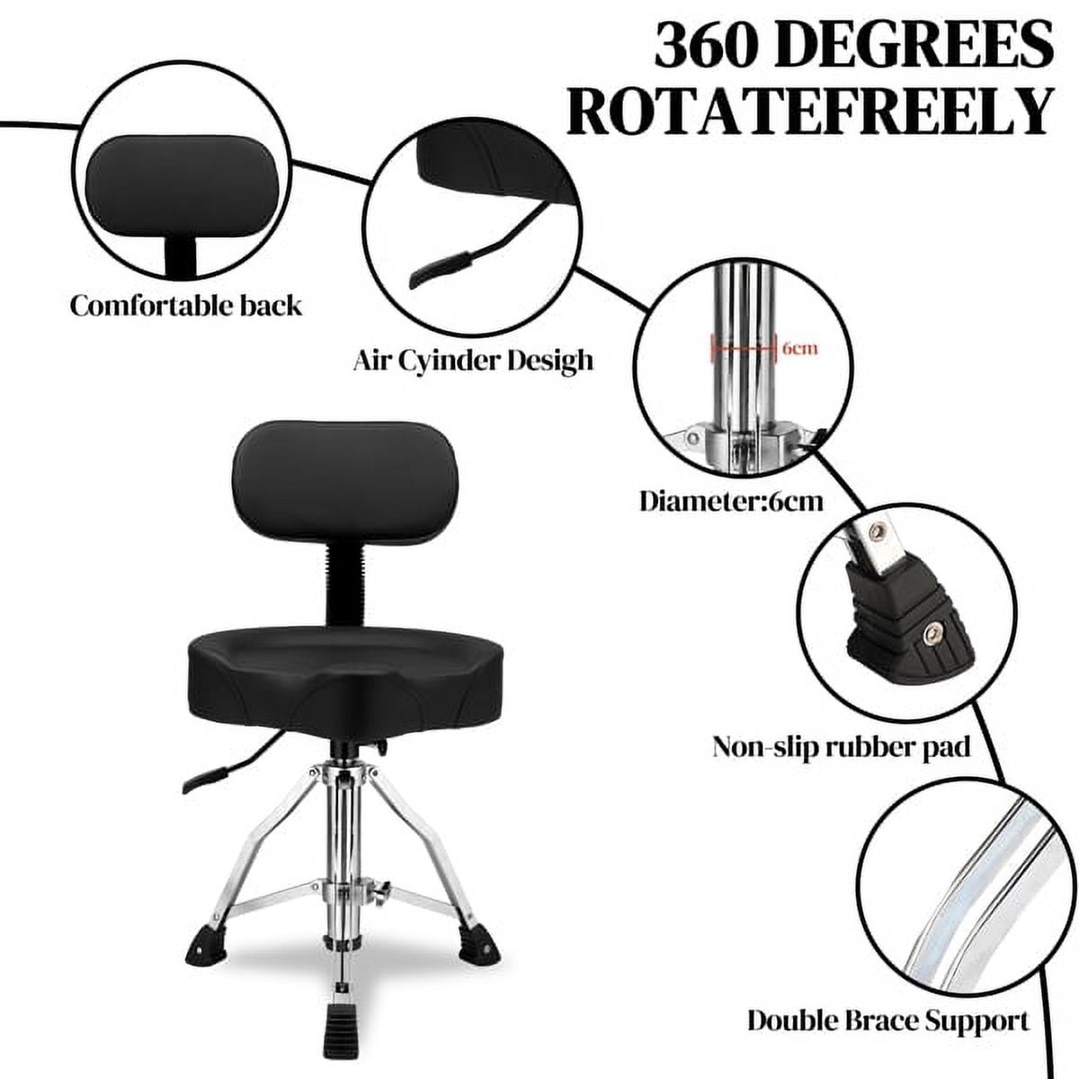 Drum Throne with Backrest, Hydraulic Drum Stool Adjustable Height, Heavy Duty Hydraulic Drum Seat Saddle Design for Drummers