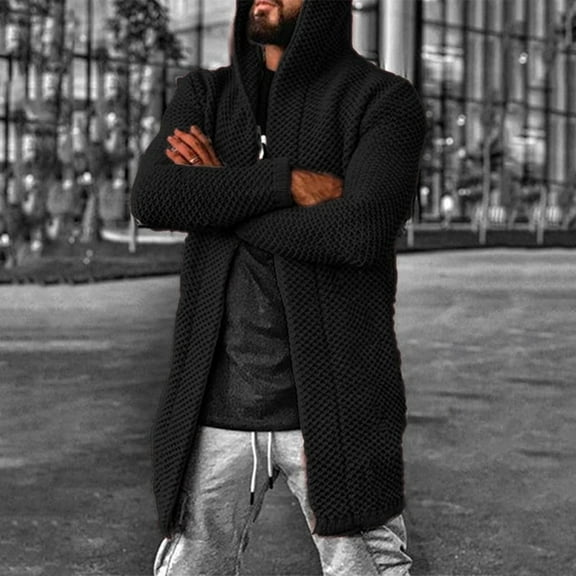 Qulqfy Fall Men Sweater Hooded Black Zip Up Long-Length Long Sleeve Winter Knit Cardigan Sweaters Men Shirts L
