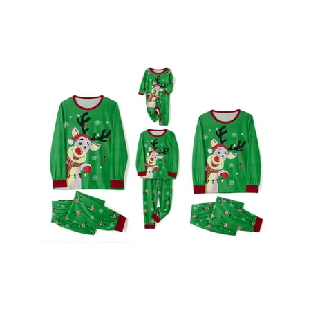 

EYIIYE Christmas Reindeer and Snowflake Print Family Matching Pajamas 2Pcs Sets Green Tops Pants Sleepwear for Baby Kids Adults